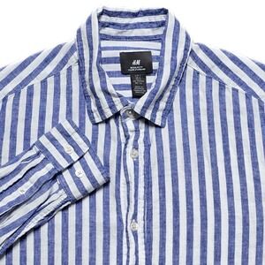 H&M Mens S Blue Striped Linen Blend Causal Button Down Shirt Regular Fit EUC